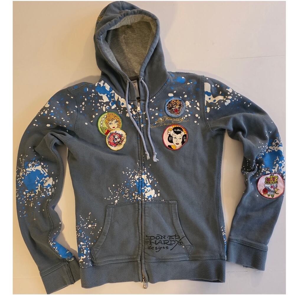 Vintage Women's M Don Ed Hardy Tattoo Zip Hoodie Christian Audigier Y2K Geisha